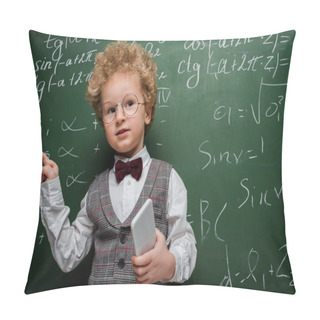 Personality  Smart Child In Suit And Bow Tie Holding Smartphone And Pointing With Finger Near Chalkboard With Mathematical Formulas  Pillow Covers