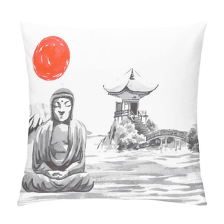 Personality  Japan Traditional Sumi-e Painting. Fuji Mountain, Sakura, Sunset. Japan Sun. Indian Ink Illustration. Japanese Picture. Pillow Covers