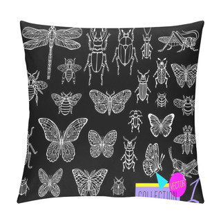 Personality  Big Hand Drawn Line Set Of Insects Bugs, Beetles, Honey Bees, Butterfly Moth, Bumblebee, Wasp, Dragonfly, Grasshopper. Silhouette Vintage Sketch Style Engraved Illustration. Pillow Covers