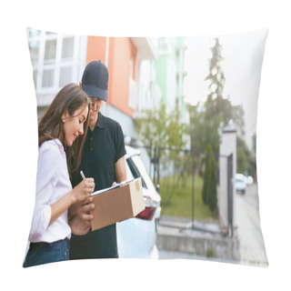 Personality  Delivery Courier. Man Delivering Package To Woman Pillow Covers