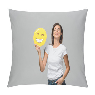 Personality  KYIV, UKRAINE - SEPTEMBER 10, 2019: Cheerful Woman Holding Yellow Happy Smiling Emoji, Isolated On Grey Pillow Covers