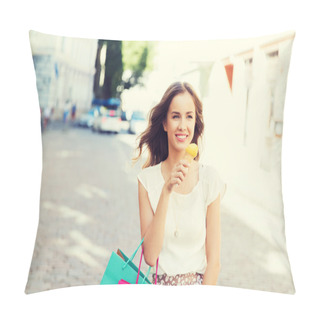 Personality  Woman With Shopping Bags And Ice Cream In City Pillow Covers