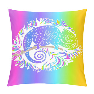 Personality   Hand Drawn Chameleon In Doodle Style Isolated On Rainbow Background.  Pillow Covers