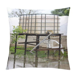 Personality  White Used Intermediate Bulk Container Or IBC Plastic Tank With Metal Cage Used For Water Storage Put On Elevated Wooden Frame In Flooded Local Garden Surrounded With Small Plants And Plastic Greenhouse In Background On Rainy Spring Day Pillow Covers