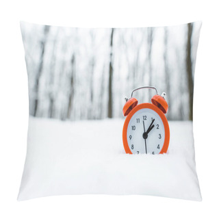 Personality  Red Retro Clock Standing On White Snow Near Trees In Snowy Forest Pillow Covers