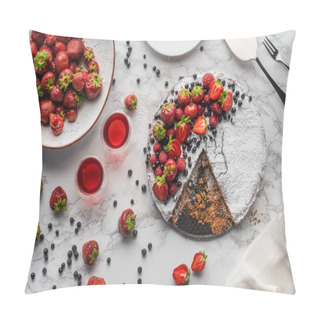 Personality  Top View Of Delicious Homemade Cake, Fresh Berries And Summer Drink On Marble Surface  Pillow Covers