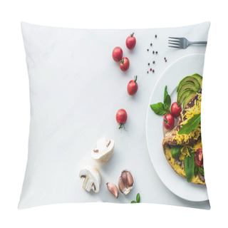 Personality  Top View Of Homemade Omelette With Cherry Tomatoes, Avocado Pieces And Cutlery On White Marble Surface Pillow Covers