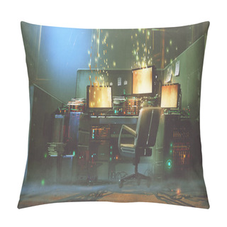 Personality  Futuristic Workspace With Sparkling Particles Floating Out Of Glowing Screen, Digital Art Style, Illustration Painting  Pillow Covers
