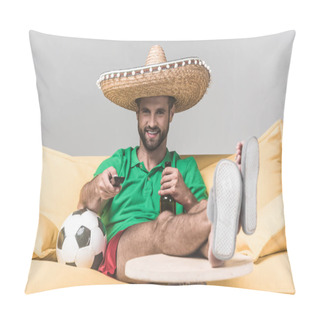 Personality  Smiling Man In Mexican Sombrero Watching Football Match While Sitting On Yellow Sofa With Ball, Bottle Of Beer And Remote Control On Grey   Pillow Covers