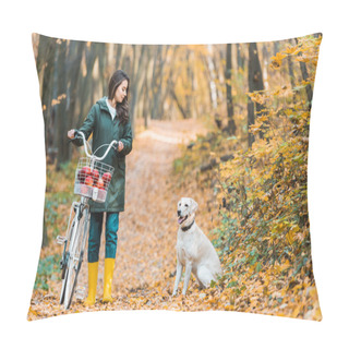 Personality  Young Woman Carrying Bicycle With Basket Full Of Apples And Her Dog Walking Near On Yellow Leafy Path In Autumnal Forest  Pillow Covers
