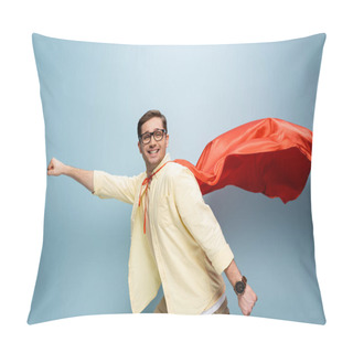 Personality  Happy Superhero In Glasses And Red Cape Standing With Outstretched Hand On Blue Pillow Covers