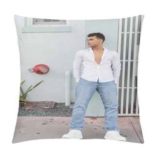 Personality  Full Length Of Relaxed Young Cuban Man Looking Away While Standing Near Building On Street In Miami Pillow Covers