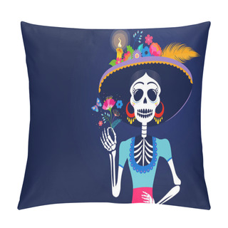 Personality  Dia De Los Muertos, Day Of The Dead, Mexican Holiday, Festival. Woman Skull With Make Up Of Catarina With Flowers Crown. Poster, Banner And Card With Sugar Skull Pillow Covers