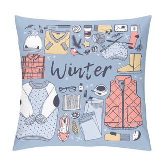 Personality  Hand Drawn Fall Fashion Illustration. Creative Ink Art Work. Actual Vector Drawing. Winter Set, Wear, Shoes, Accessories, Food, Drinks, Things Pillow Covers