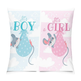 Personality  Its Boy And Girl Cards. Baby Shower Label With Cute Mouse, Mice Children Vector Cartoon Illustration Set Pillow Covers
