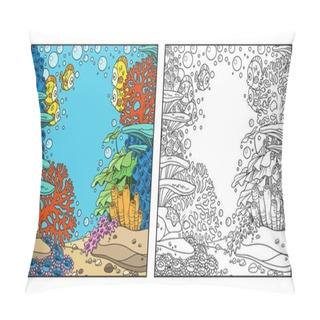 Personality  Underwater World With Corals And Fishes Coloring Page Isolated On White Background Pillow Covers