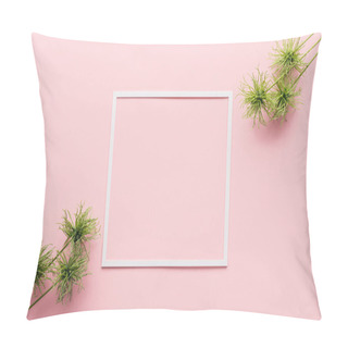 Personality  View From Above Of Arranged Green Plants And White Frame On Pink  Pillow Covers