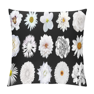 Personality  Mix Collage Of Natural Tender White Flowers 15 In 1: Peony, Dahlia, Roses, Flax Flower, Pelargonium, Gerbera, Chrysanthemum, Cornflower And Daisy Flower Isolated On Black Pillow Covers