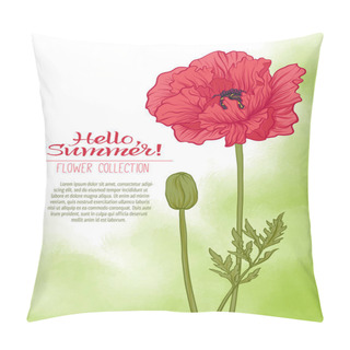 Personality  A Poppy Flower On A Green Watercolor Background. The Flowers In Pillow Covers