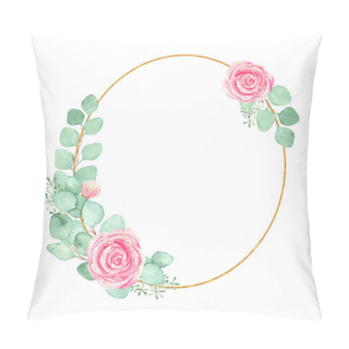 Personality  Watercolor Frame With Pink Roses, Eucalyptus Branches And Gold Geometric Elements, Isolated On A White Background. For Invitations, Wedding Design, Sublimation Printing, Packaging. Pillow Covers