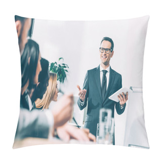 Personality  Happy Handsome Team Leader With Tablet Talking To Multiracial Managers In Conference Hall Pillow Covers