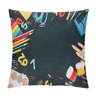 Personality  Top View Of Composition Of Colorful School Supplies Isolated On Dark Board Background Pillow Covers