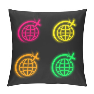 Personality  Airplane Flight In Circle Around Earth Four Color Glowing Neon Vector Icon Pillow Covers