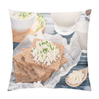 Personality  Close-up View Of Crackers With Cottage Cheese On Wooden Table   Pillow Covers