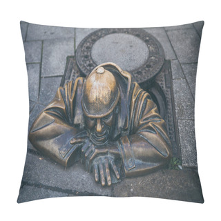 Personality  BRATISLAVA, SLOVAKIA - OCTOBER, 2019: Man At Work Famous Sculpture In Bratislava City Center Pillow Covers