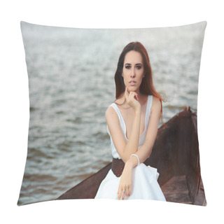 Personality  Thoughtful Woman In White Dress Sitting In An Old Boat  Pillow Covers