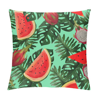 Personality  Modern Seamless Pattern With Dragon Fruit, Watermelon, Tropical Leaves Summer Vibes. Hand Painted Botanical Illustration For Textiles, Packaging, Fabrics. Pillow Covers