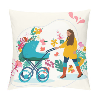 Personality  Young Woman With Pram.Mom Walking With Her Infant Baby.Happiness Of Childhood And Maternity.Stroller On Floral Background.Flat Cartoon Colorful Vector Illustration.Newborn Kid.Spending Time Outdoors Pillow Covers