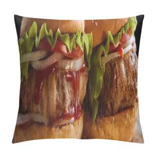 Personality  Panoramic Shot Of Two Hamburgers On Wooden Surface Isolated On Black Pillow Covers