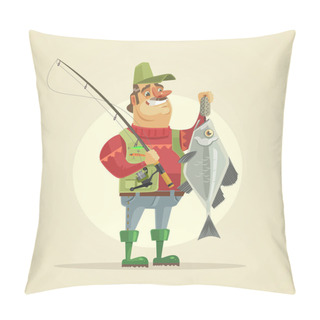 Personality  Happy Fisherman Character Hold Big Fish. Vector Flat Cartoon Illustration Pillow Covers