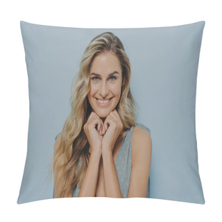 Personality  Dreamy Young Blonde Woman With Hands Pressed Together Under Chin Pillow Covers