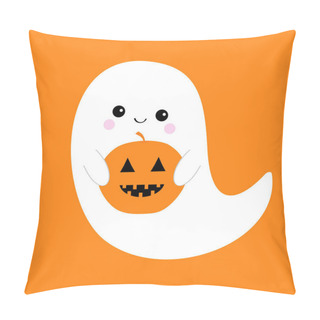 Personality  Flying Ghost Spirit Holding Pumpkin Boo. Happy Halloween. Scary White Ghosts. Cute Cartoon Spooky Baby Character. Smiling Face, Hands. Orange Background Greeting Card. Flat Design. Vector Pillow Covers