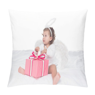 Personality  Little Angel With Nimbus Sitting On Bed With Gift Boxes, Isolated On White Pillow Covers