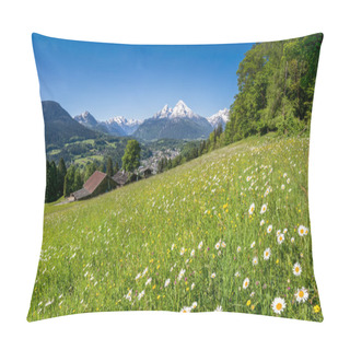 Personality  Panoramic View Of Beautiful Landscape In The Bavarian Alps With Beautiful Flowers And Famous Watzmann Mountain In The Background In Springtime, Nationalpark Berchtesgadener Land, Bavaria, Germany Pillow Covers