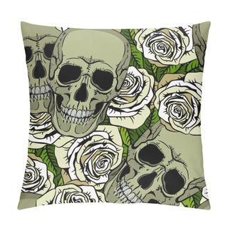 Personality  Seamless Pattern With Skulls And White Roses Pillow Covers