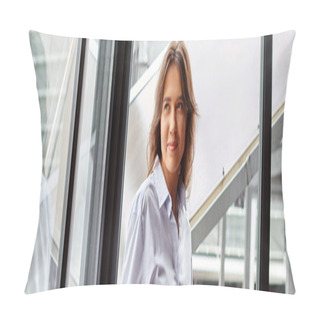 Personality  Cheerful Young Woman In Smart Outfit Looking Away With Window Backdrop, Coworking Concept, Banner Pillow Covers