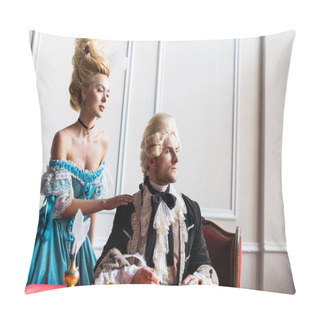 Personality  Selective Focus Of Attractive Victorian Woman Standing Near Pompous Man Holding Feather  Pillow Covers