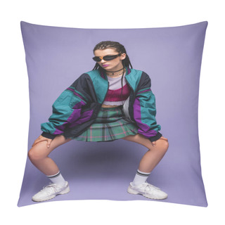 Personality  Woman In Sunglasses And Nineties Style Clothes Posing On Purple Background Pillow Covers