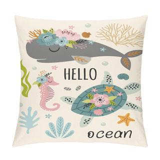 Personality  Beautiful Marine Poster With Turtle, Sperm Whale,sea Horse Pillow Covers