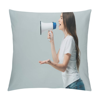 Personality  Side View Of Young Pretty Woman With Loudspeaker Isolated On Grey Pillow Covers