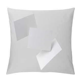 Personality  White Business Cards Flying In Air On Grey Background For Mockup Pillow Covers