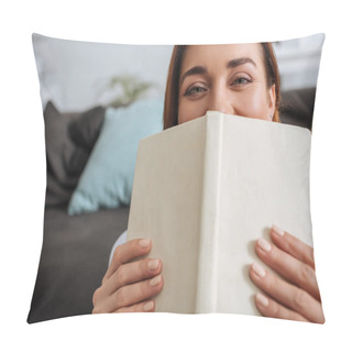 Personality  Selective Focus Of Young Woman Covering Face With Book  Pillow Covers