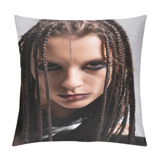 Personality  Portrait Of Young Woman With Futuristic Makeup And Dreadlocks Looking At Camera Isolated On Grey Pillow Covers