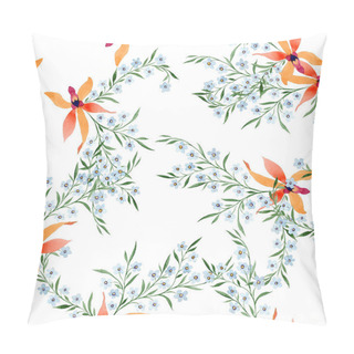 Personality  Blue And Orange Flowers. Watercolour Drawing Of Background With Orchids And Forget Me Nots. Pillow Covers