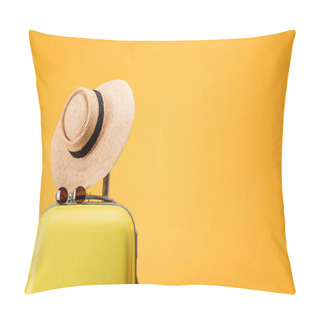 Personality  Travel Bag, Straw Hat And Sunglasses Isolated On Yellow Pillow Covers