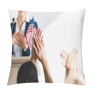 Personality  Grateful Political Agitator Holding Hands On Chest In Front Of Voters Iapplauding N Conference Room, Blurred Foreground Pillow Covers